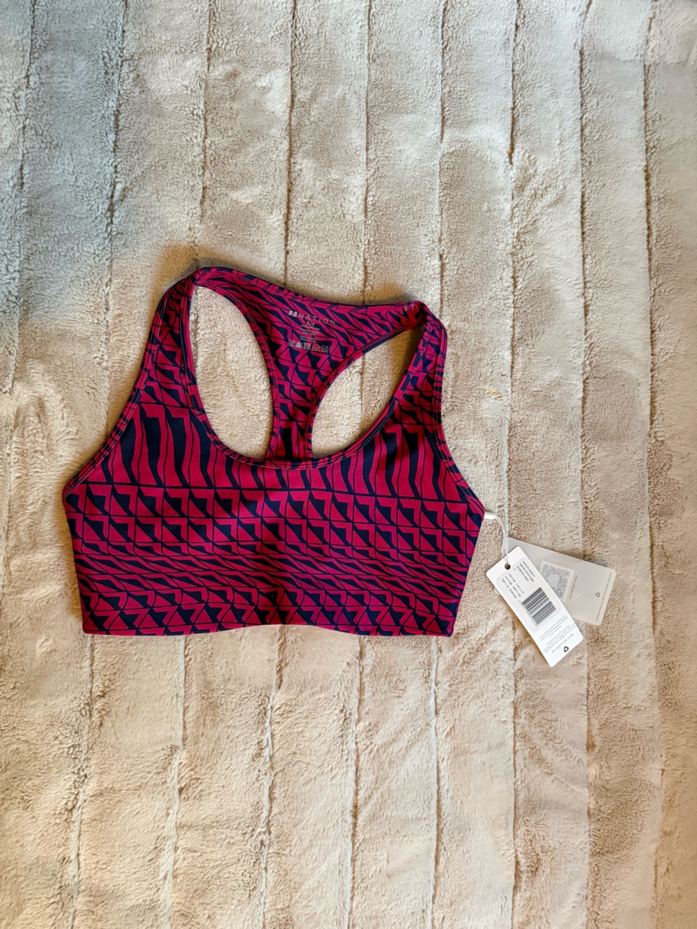 P.E Nation Geometric-Print Empire Sports Bra, Pink & Navy, Size Small
